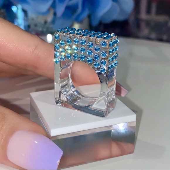 Acrylic Ring • Geometric Ring • Blue Swarovski Crystals • One Of A Kind Ring - Picture 12 of 13